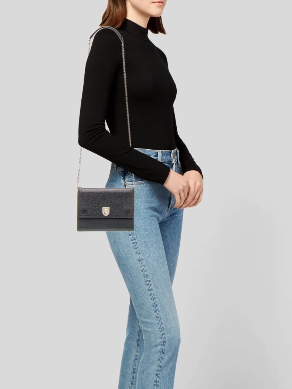Christian Dior Black Leather Wallet Silver Chain Crossbody Bag